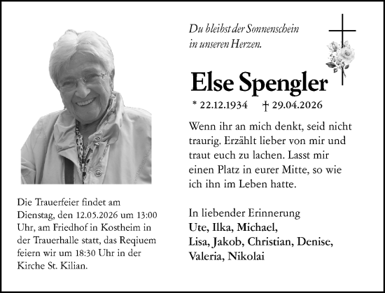 Traueranzeige von Else Spengler von Allgemeine Zeitung Mainz