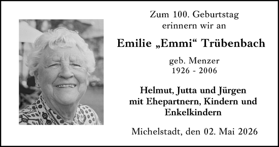 Traueranzeige von Emilie  Trübenbach von Odenwälder Echo