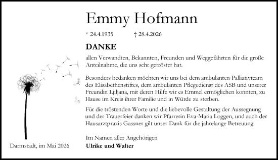 Traueranzeige von Emmy Hofmann von Darmstädter Echo
