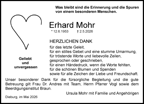 Traueranzeige von Erhard Mohr von Dieburger Anzeiger/Groß-Zimmerner Lokal-Anzeiger