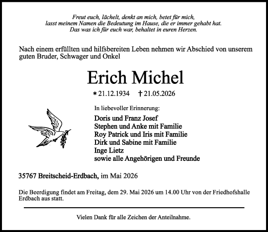 Traueranzeige von Erich Michel von Dill Block