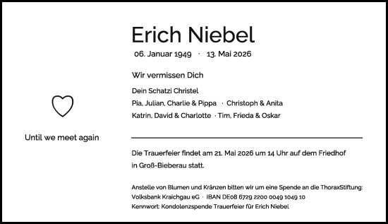 Traueranzeige von Erich Niebel von Darmstädter Echo