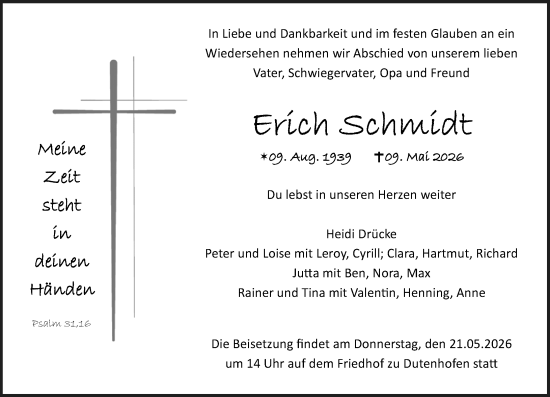 Traueranzeige von Erich Schmidt von Wetzlarer Neue Zeitung