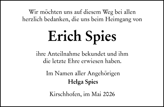 Traueranzeige von Erich Spies von Weilburger Tageblatt