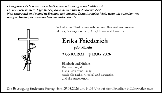 Traueranzeige von Erika Friederich von Allgemeine Zeitung Mainz
