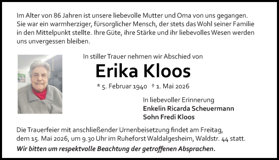 Traueranzeige von Erika Kloos von Allgemeine Zeitung Rheinhessen-Nahe