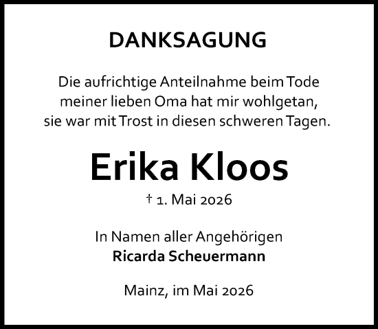 Traueranzeige von Erika Kloos von Allgemeine Zeitung Rheinhessen-Nahe