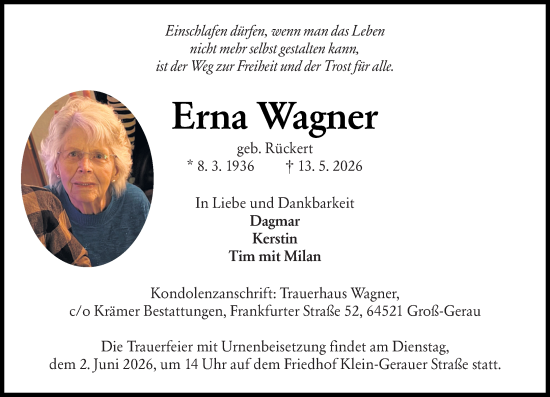 Traueranzeige von Erna Wagner von Groß-Gerauer Echo