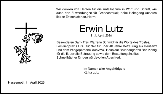Traueranzeige von Erwin Lutz von Odenwälder Echo