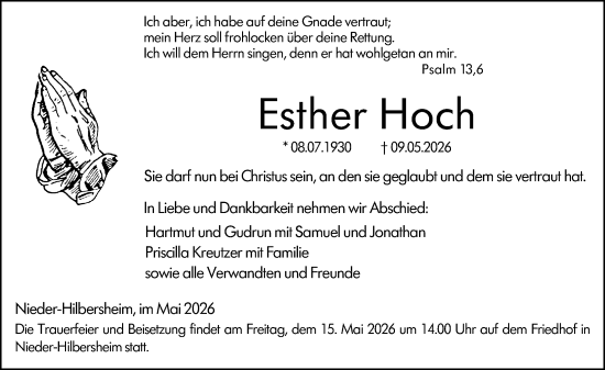 Traueranzeige von Esther Hoch von Allgemeine Zeitung Rheinhessen-Nahe