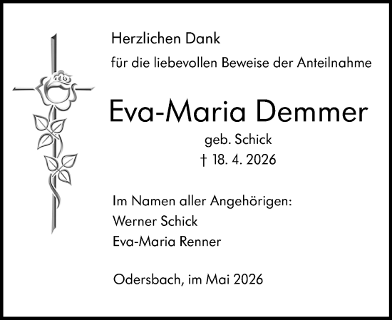 Traueranzeige von Eva-Maria Demmer von Weilburger Tageblatt