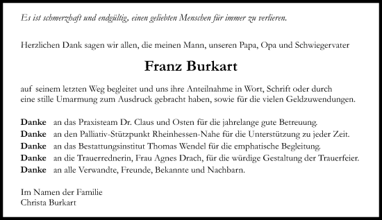 Traueranzeige von Franz Burkart von Binger-/Ingelheimer Wochenblatt