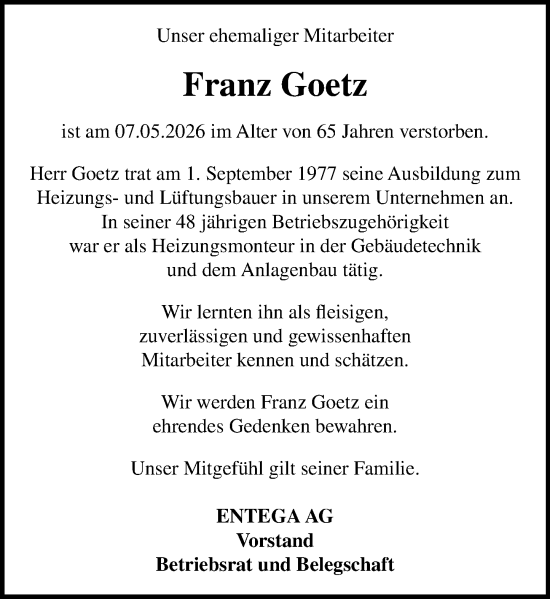 Traueranzeige von Franz Goetz von Odenwälder Echo