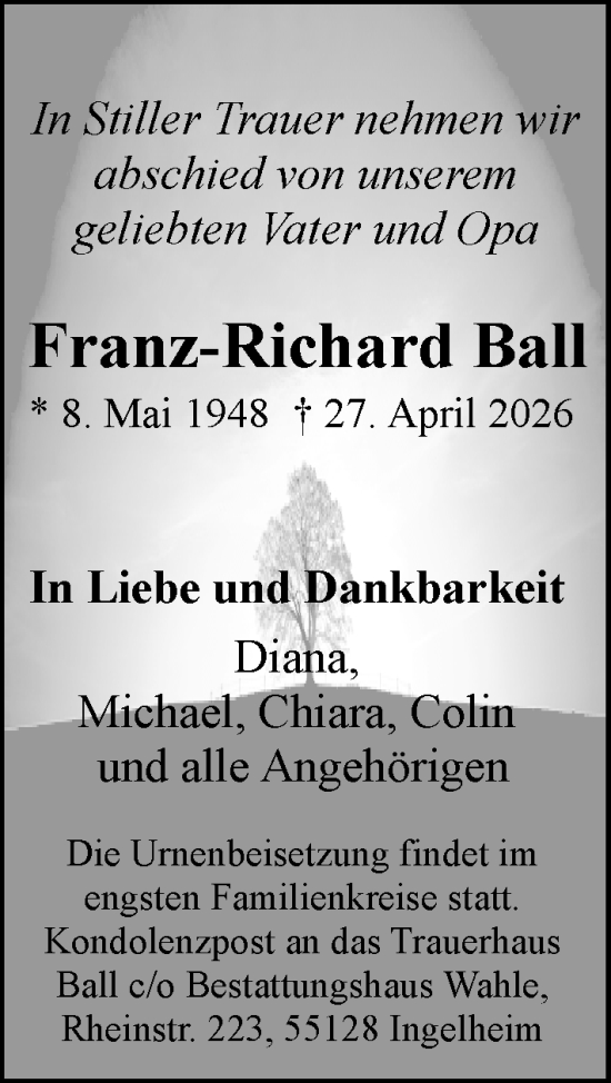 Traueranzeige von Franz-Richard Ball von Allgemeine Zeitung Rheinhessen-Nahe