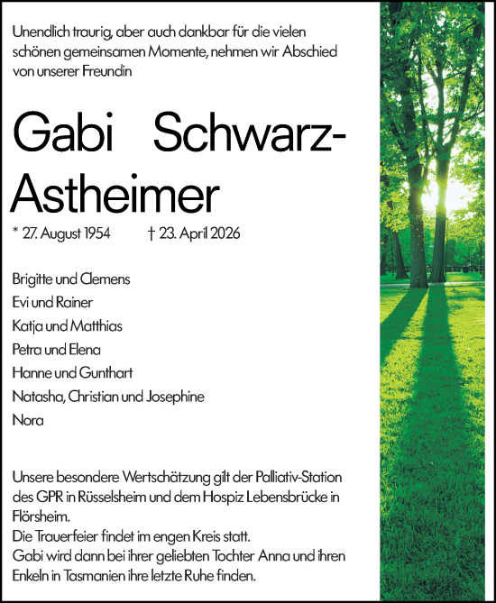Traueranzeige von Gabi Schwarz-Astheimer von Rüsselsheimer Echo