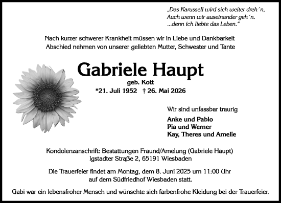 Traueranzeige von Gabriele Haupt von Wiesbadener Kurier