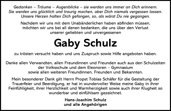 Traueranzeige von Gaby Schulz von Wormser Zeitung