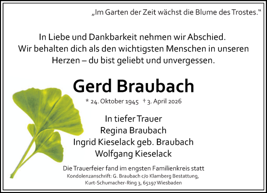 Traueranzeige von Gerd Braubach von Wiesbadener Kurier