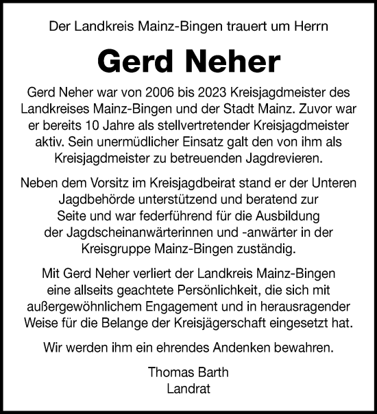 Traueranzeige von Gerd Neher von Allgemeine Zeitung Rheinhessen-Nahe