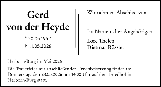 Traueranzeige von Gerd von der Heyde von Dill Block