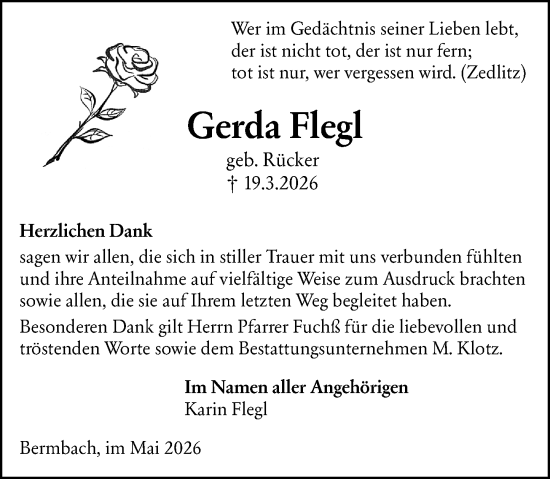 Traueranzeige von Gerda Flegl von Weilburger Tageblatt
