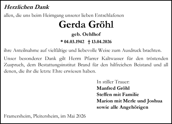 Traueranzeige von Gerda Gröhl von Allgemeine Zeitung Alzey