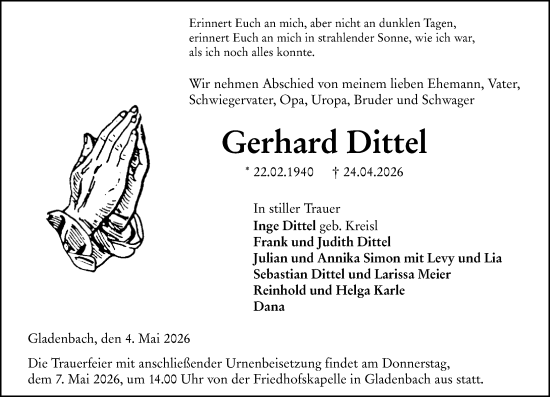 Traueranzeige von Gerhard Dittel von Hinterländer Anzeiger