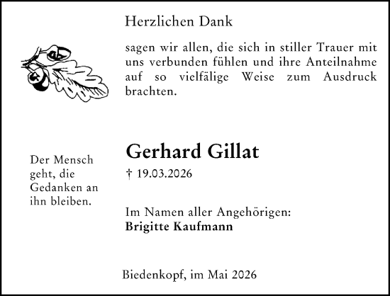 Traueranzeige von Gerhard Gillat von Hinterländer Anzeiger