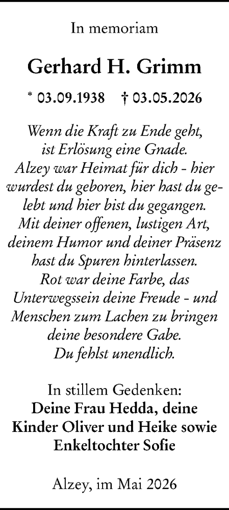 Traueranzeige von Gerhard H. Grimm von Allgemeine Zeitung Alzey