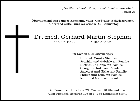 Traueranzeige von Gerhard Martin Stephan von Darmstädter Echo