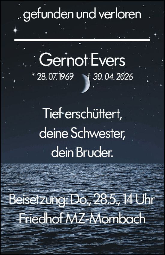 Traueranzeige von Gernot Evers von Allgemeine Zeitung Mainz