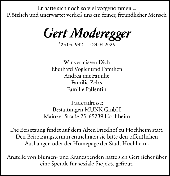 Traueranzeige von Gert Moderegger von Wiesbadener Kurier