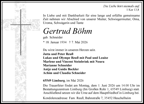 Traueranzeige von Gertrud Böhm von Nassauische Neue Presse