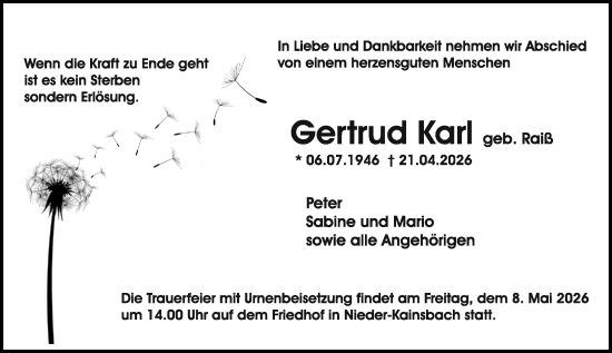 Traueranzeige von Gertrud Karl von Odenwälder Echo