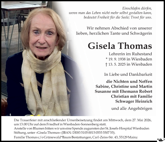 Traueranzeige von Gisela Thomas von Wiesbadener Kurier