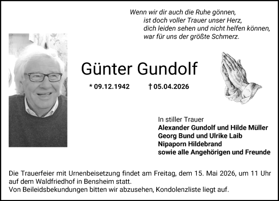 Traueranzeige von Günter Gundolf von Starkenburger Echo