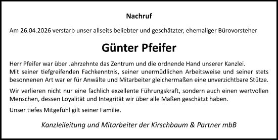 Traueranzeige von Günter Pfeifer von Dill Block
