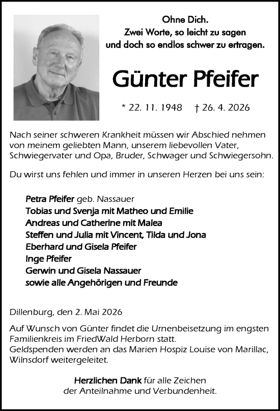 Traueranzeige von Günter Pfeifer von Dill Block