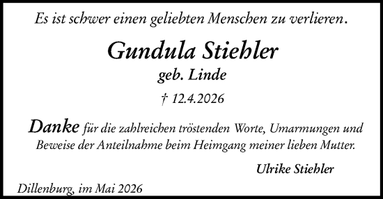 Traueranzeige von Gundula Stiehler von Dill Block