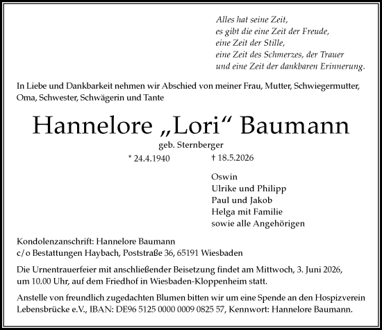 Traueranzeige von Hannelore Baumann von Wiesbadener Kurier