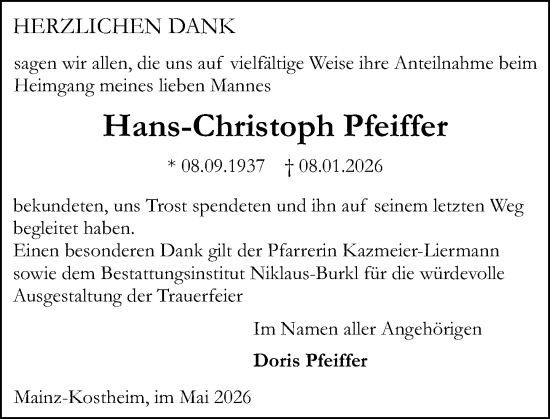 Traueranzeige von Hans-Christoph Pfeiffer von Allgemeine Zeitung Mainz