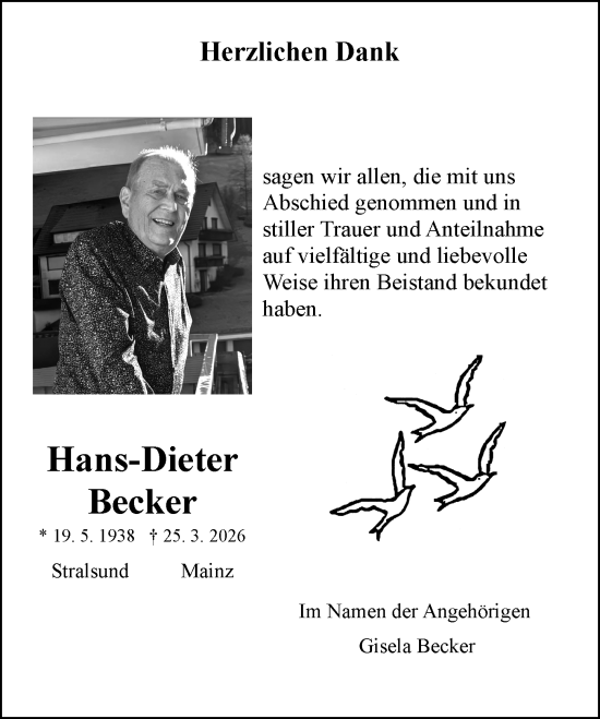 Traueranzeige von Hans-Dieter Becker von Allgemeine Zeitung Mainz