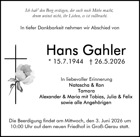 Traueranzeige von Hans Gahler von Groß-Gerauer Echo