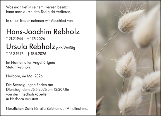 Traueranzeige von Hans-Joachim Rebholz von Dill Block