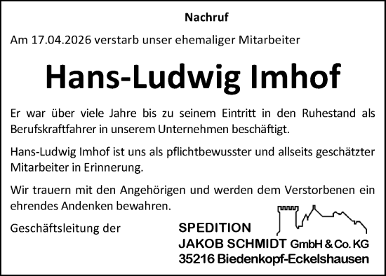 Traueranzeige von Hans-Ludwig Imhof von Hinterländer Anzeiger