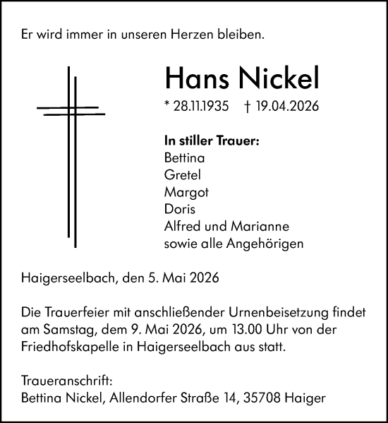 Traueranzeige von Hans Nickel von Dill Block