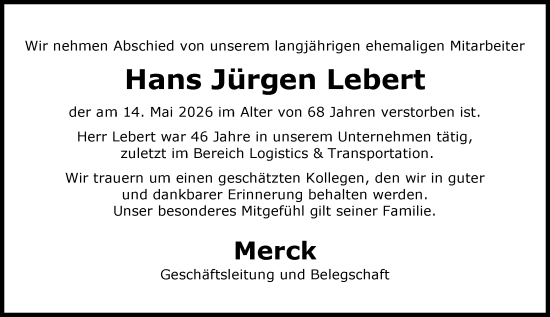 Traueranzeige von Hans Jürgen Lebert von Darmstädter Echo