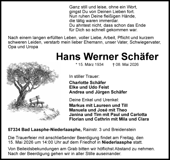 Traueranzeige von Hans Werner Schäfer von Hinterländer Anzeiger