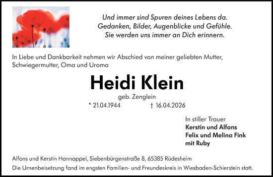 Traueranzeige von Heidi Klein von Wiesbadener Kurier