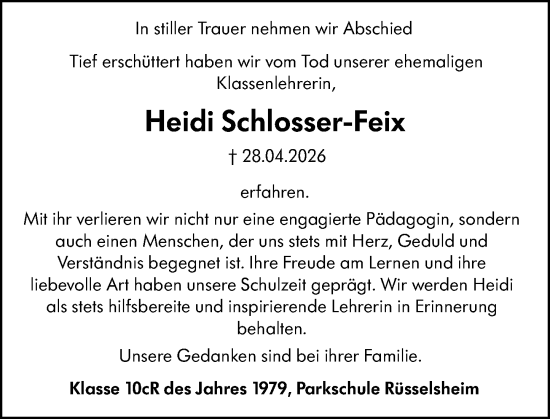 Traueranzeige von Heidi Schlosser-Feix von Rüsselsheimer Echo